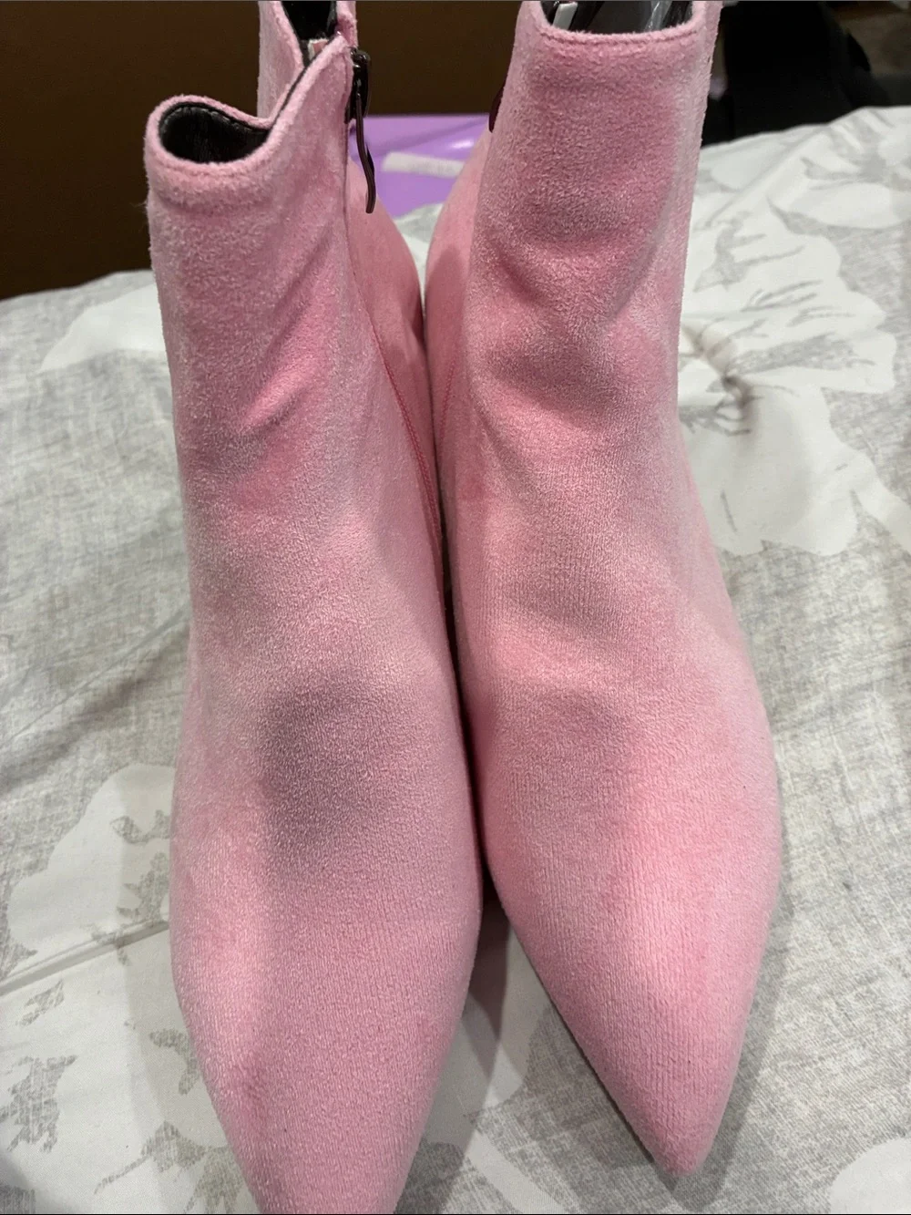 Pink Suede Pointed-Toe Ankle Boots